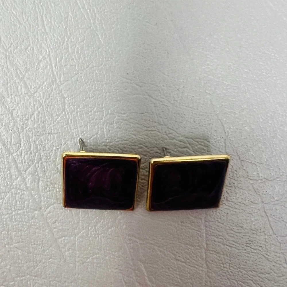 Vintage‎ Purple Swirl Enamel Square Stud Earrings Gold Tone Post Backs